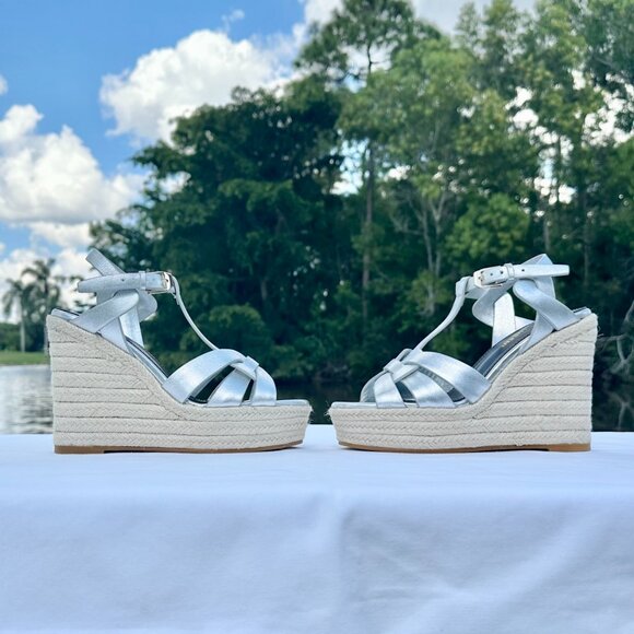 NEW Saint Laurent Tribute Espadrille Wedge Sandals YSL Metallic Silver Italy 36 - Picture 9 of 16